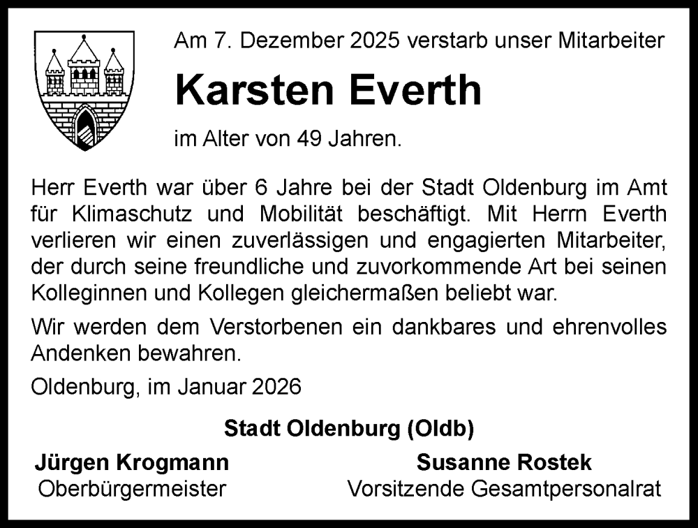  Traueranzeige für Karsten Everth vom 17.01.2026 aus Nordwest-Zeitung