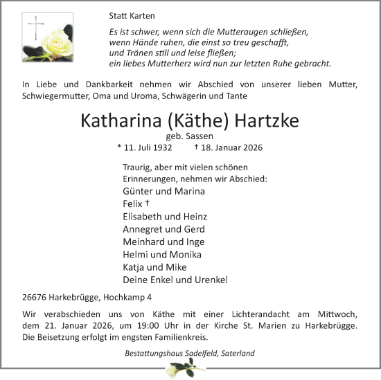 Traueranzeige von Katharina Hartzke von Nordwest-Zeitung