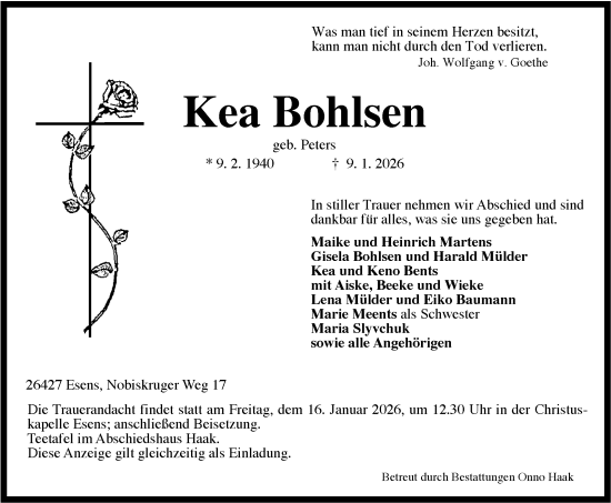 Traueranzeige von Kea Bohlsen von WZ/JW/AH