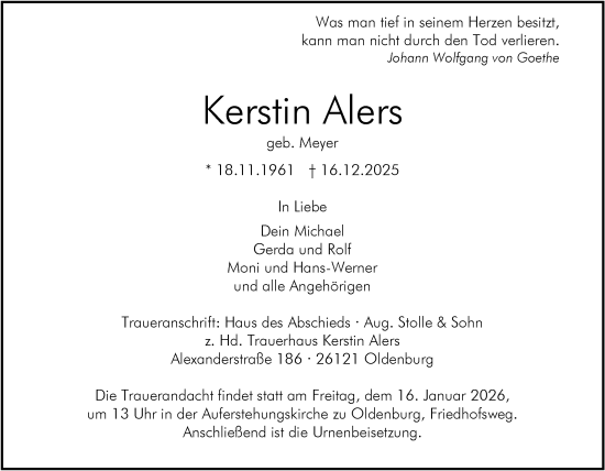 Traueranzeige von Kerstin Alers von Nordwest-Zeitung