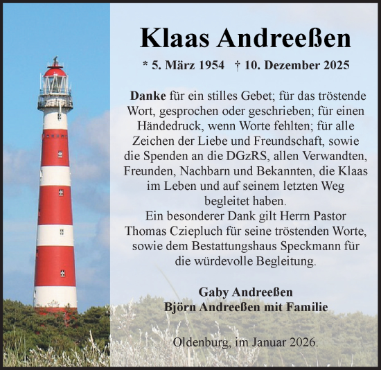 Traueranzeige von Klaas Andreeßen von Nordwest-Zeitung