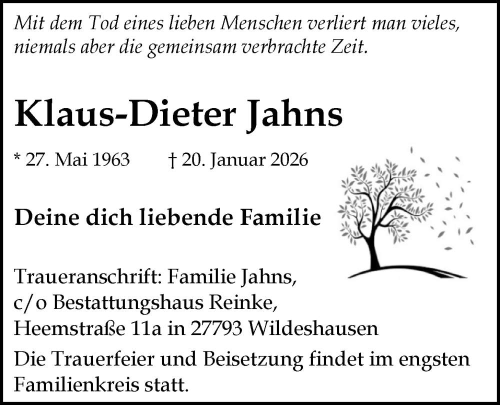  Traueranzeige für Klaus-Dieter Jahns vom 24.01.2026 aus Nordwest-Zeitung