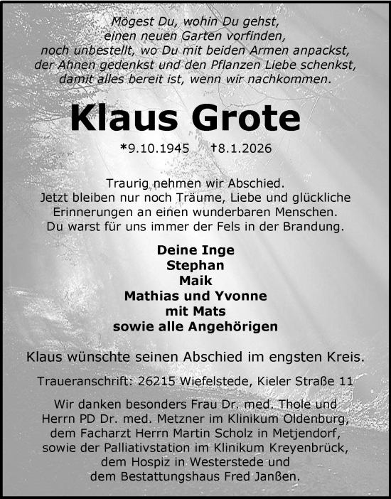 Traueranzeige von Klaus Grote von Nordwest-Zeitung