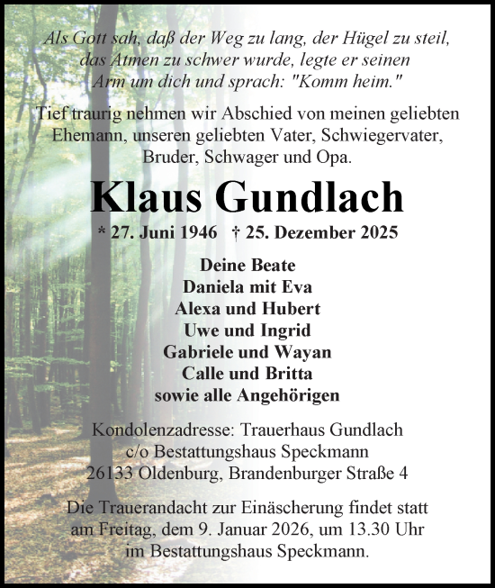 Traueranzeige von Klaus Gundlach von Nordwest-Zeitung