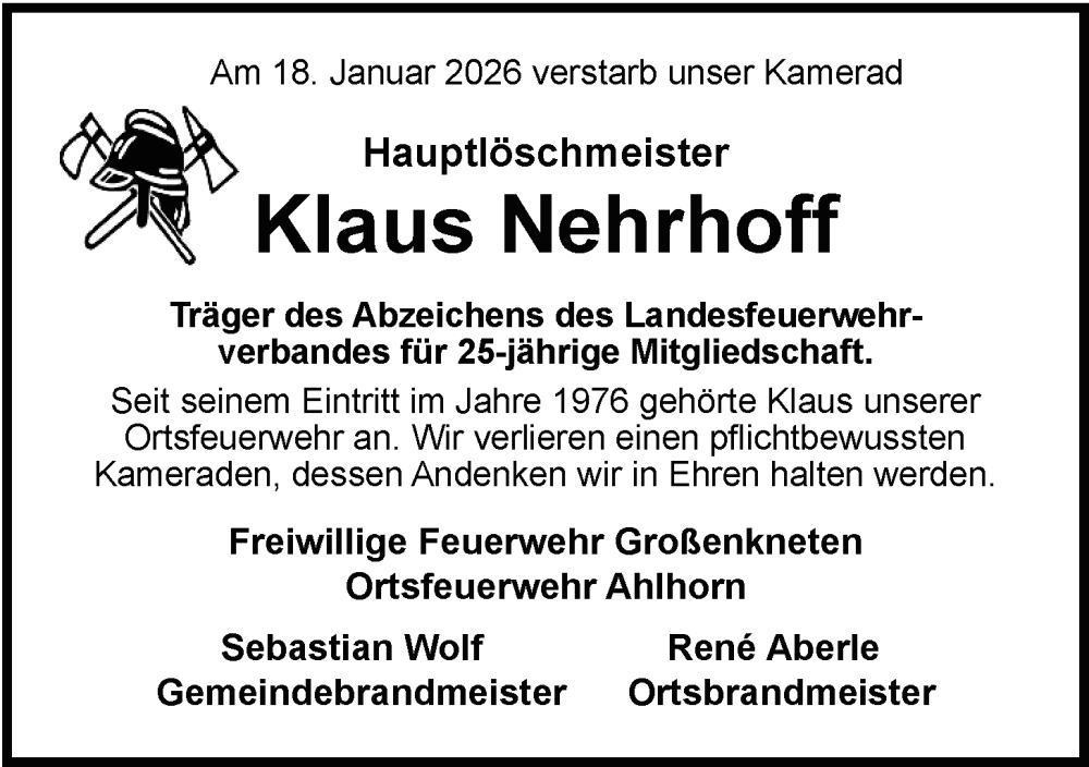  Traueranzeige für Klaus Nehrhoff vom 27.01.2026 aus Nordwest-Zeitung