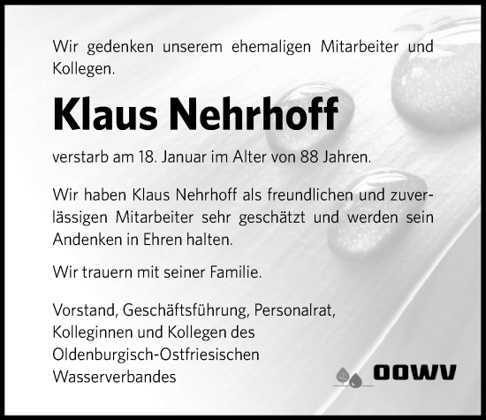Traueranzeige von Klaus Nehrhoff von Nordwest-Zeitung