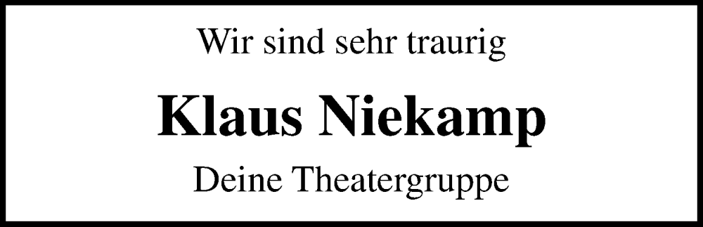  Traueranzeige für Klaus Niekamp vom 30.01.2026 aus Nordwest-Zeitung