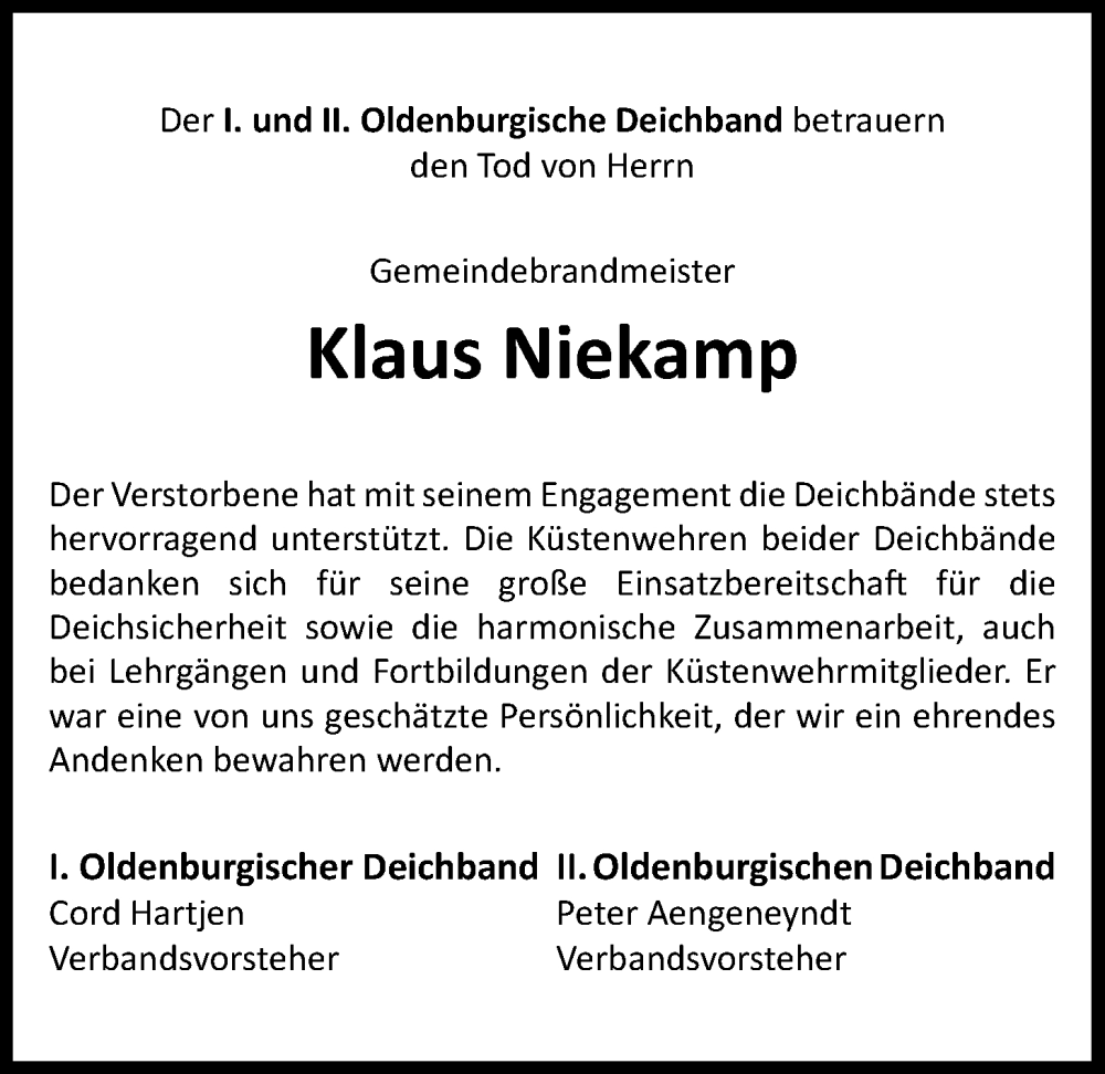 Traueranzeige für Klaus Niekamp vom 30.01.2026 aus Nordwest-Zeitung