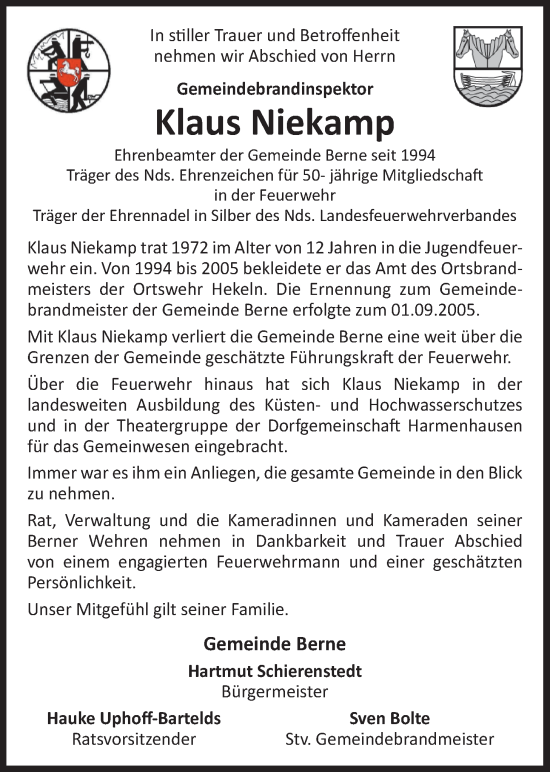 Traueranzeige von Klaus Niekamp von Nordwest-Zeitung
