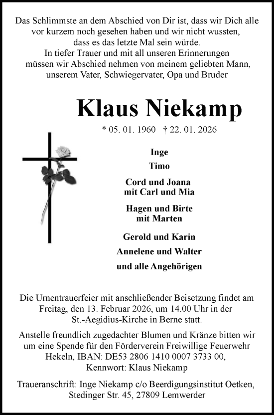 Traueranzeige von Klaus Niekamp von Nordwest-Zeitung