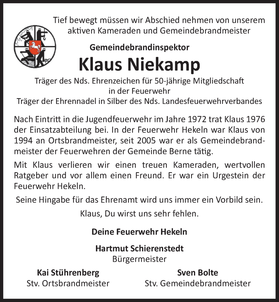  Traueranzeige für Klaus Niekamp vom 30.01.2026 aus Nordwest-Zeitung