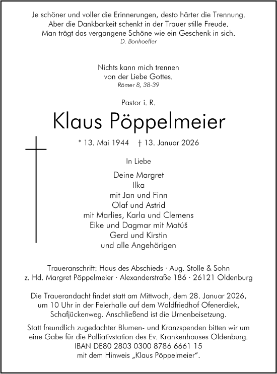 Traueranzeige von Klaus Pöppelmeier von Nordwest-Zeitung
