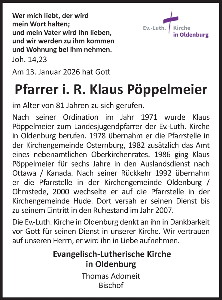  Traueranzeige für Klaus Pöppelmeier vom 17.01.2026 aus Nordwest-Zeitung