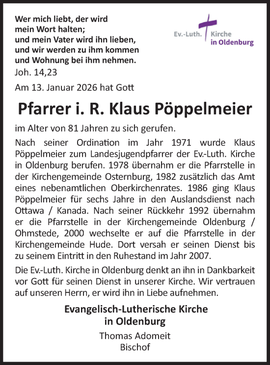 Traueranzeige von Klaus Pöppelmeier von Nordwest-Zeitung