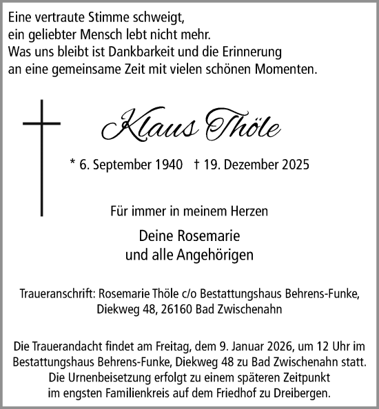 Traueranzeige von Klaus Thöle von Nordwest-Zeitung