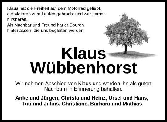 Traueranzeige von Klaus Wübbenhorst von Nordwest-Zeitung