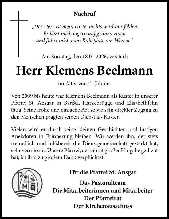 Traueranzeige von Klemens Beelmann von Nordwest-Zeitung