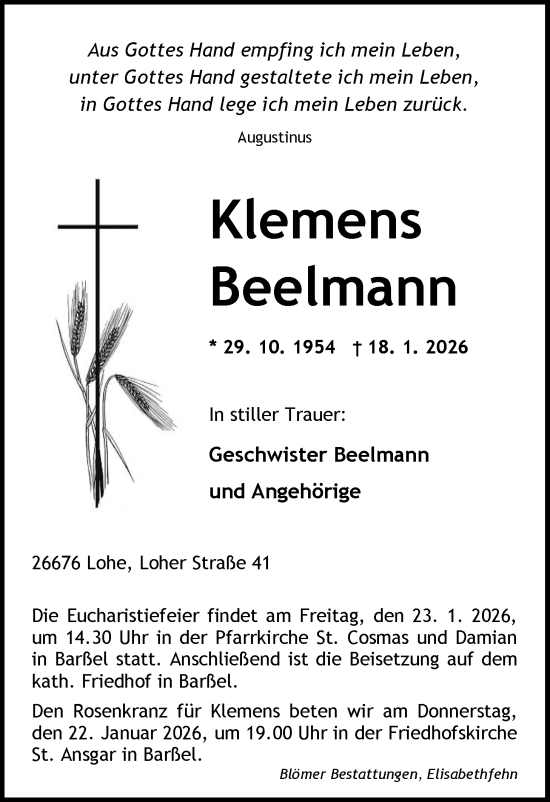 Traueranzeige von Klemens Beelmann von Nordwest-Zeitung