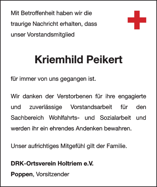 Traueranzeige von Kriemhild Peikert von WZ/JW/AH