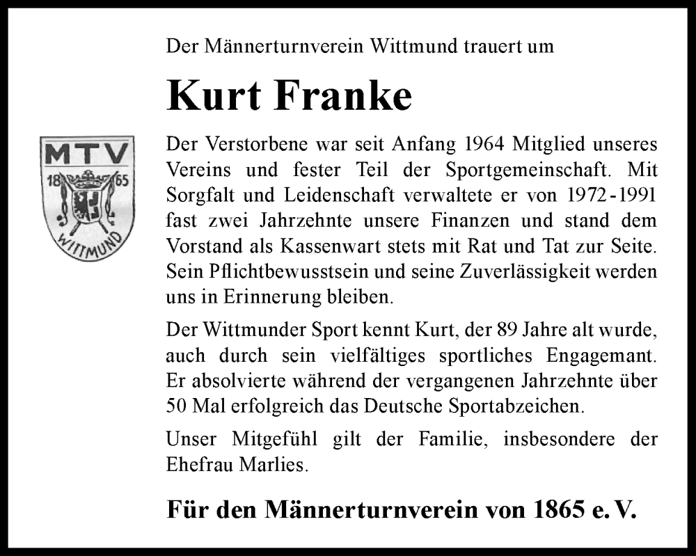  Traueranzeige für Kurt Franke vom 27.01.2026 aus WZ/JW/AH