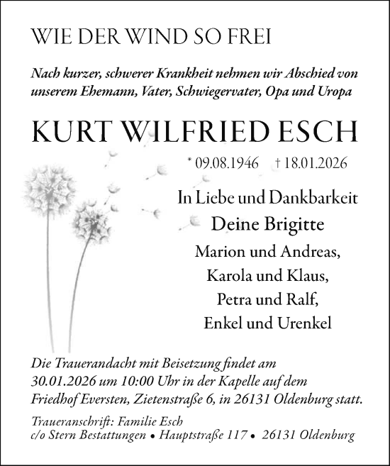 Traueranzeige von Kurt Wilfried Esch von Nordwest-Zeitung