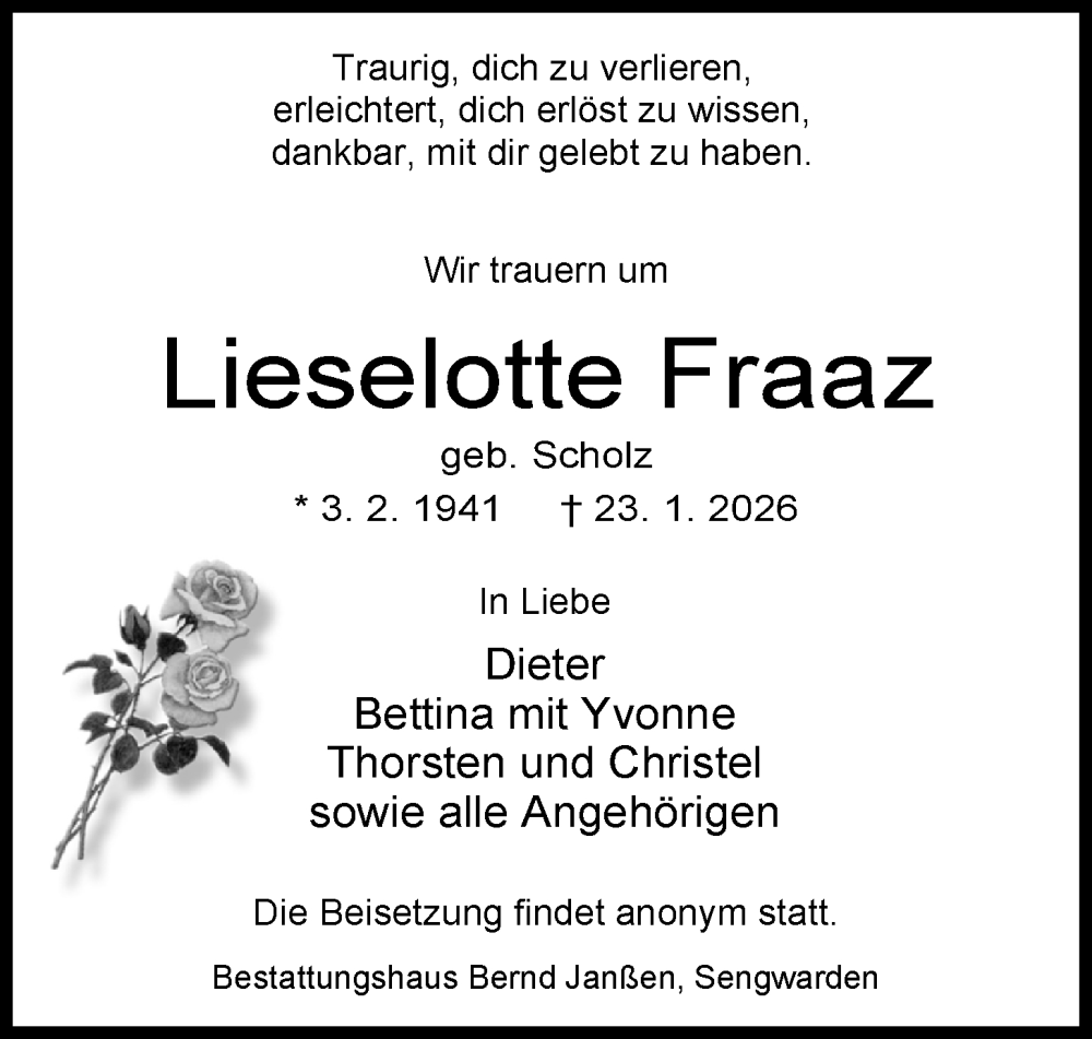  Traueranzeige für Lieselotte Fraaz vom 31.01.2026 aus WZ/JW/AH