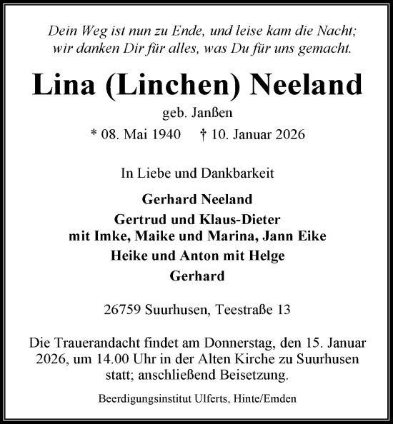 Traueranzeige von Lina Neeland von Emder Zeitung