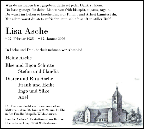 Traueranzeige von Lisa Asche von Nordwest-Zeitung