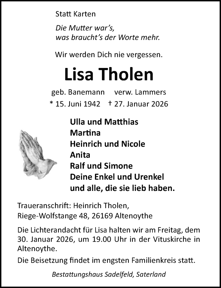  Traueranzeige für Lisa Tholen vom 29.01.2026 aus Nordwest-Zeitung