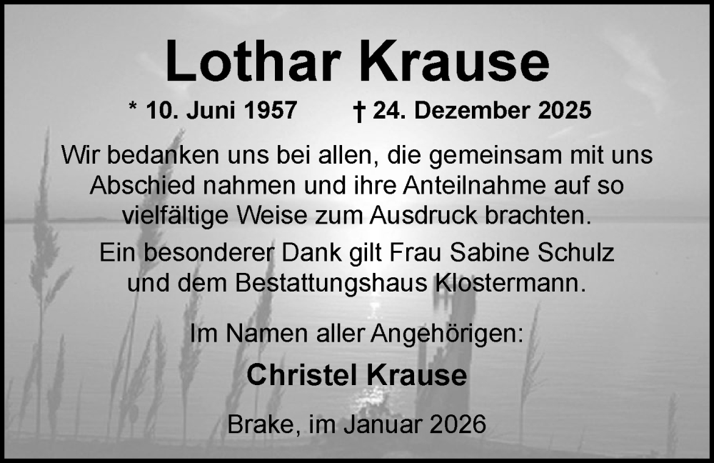  Traueranzeige für Lothar Krause vom 31.01.2026 aus Nordwest-Zeitung