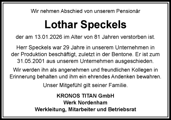 Traueranzeige von Lothar Speckels von Nordwest-Zeitung