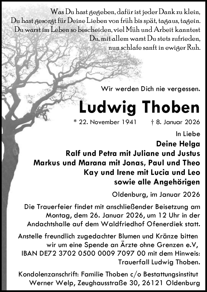  Traueranzeige für Ludwig Thoben vom 17.01.2026 aus Nordwest-Zeitung