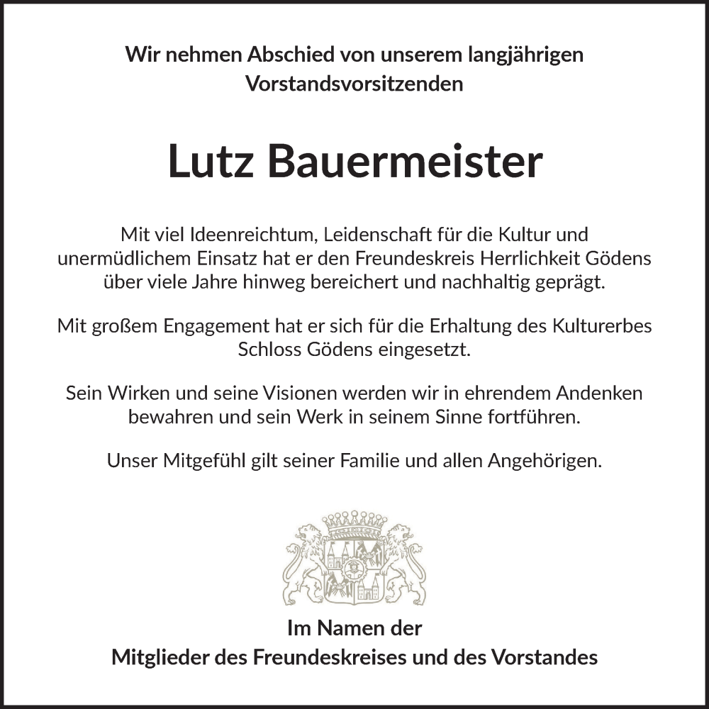 Traueranzeige für Lutz Bauermeister vom 31.01.2026 aus Nordwest-Zeitung