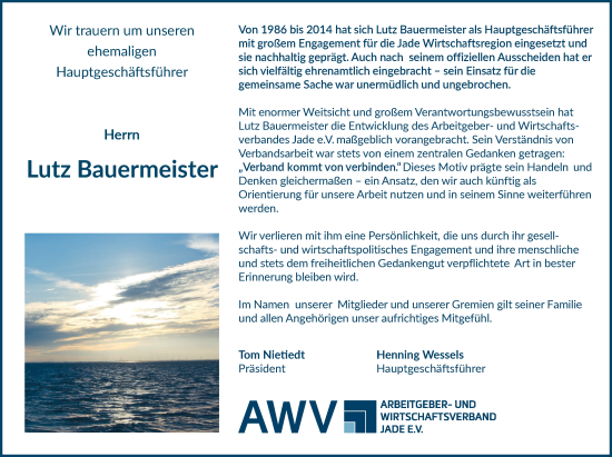 Traueranzeige von Lutz Bauermeister von Nordwest-Zeitung