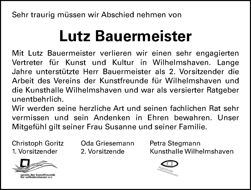 Traueranzeige für Lutz Bauermeister vom 31.01.2026 aus WZ/JW/AH