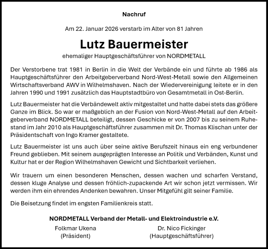 Traueranzeige von Lutz Bauermeister von WZ/JW/AH