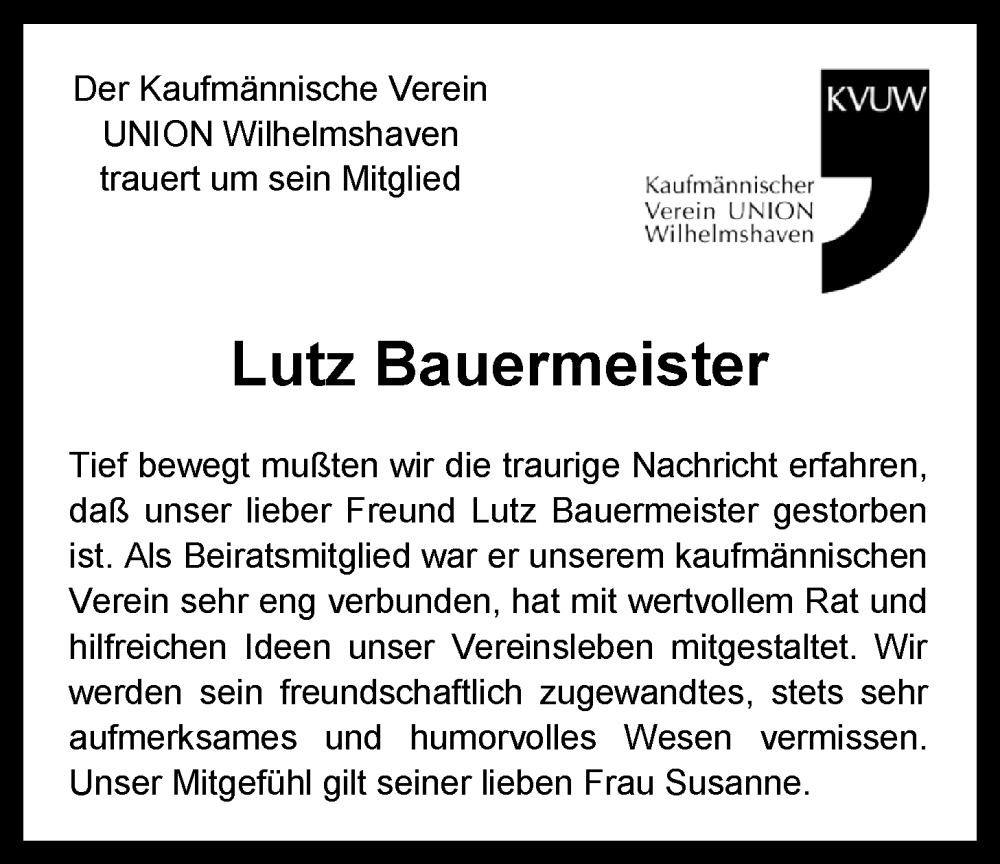  Traueranzeige für Lutz Bauermeister vom 31.01.2026 aus WZ/JW/AH