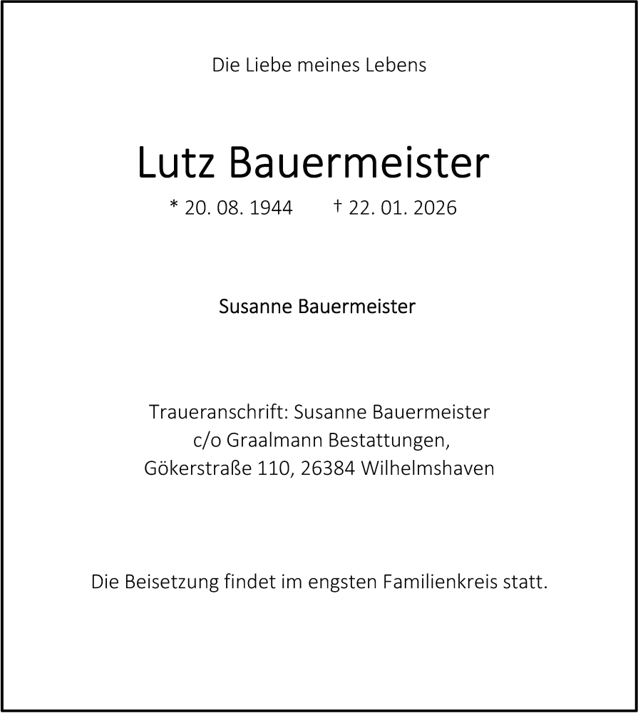  Traueranzeige für Lutz Bauermeister vom 31.01.2026 aus WZ/JW/AH