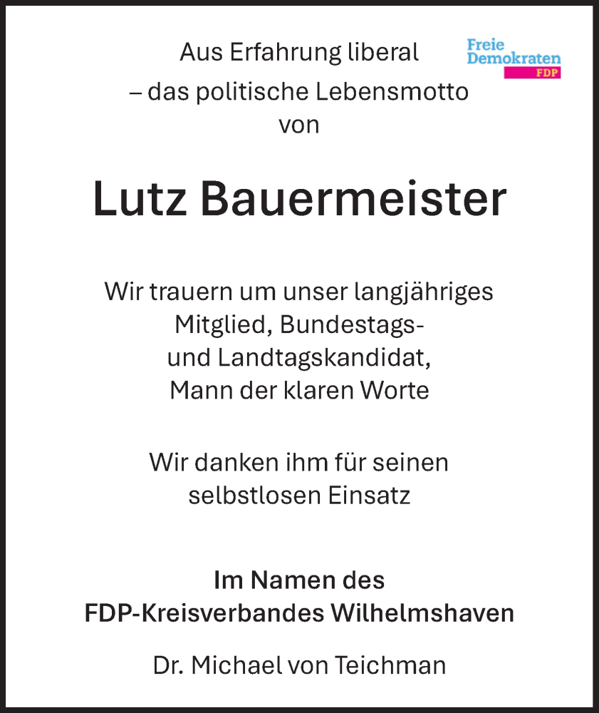  Traueranzeige für Lutz Bauermeister vom 31.01.2026 aus WZ/JW/AH