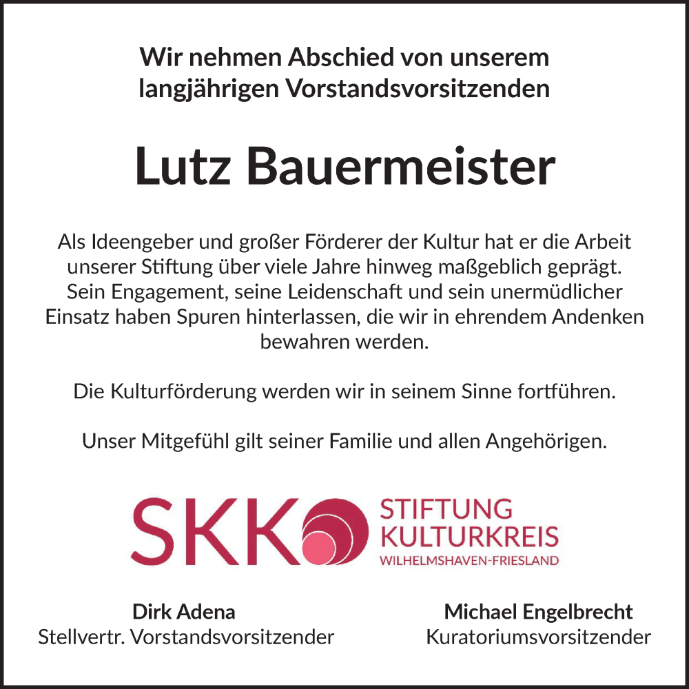  Traueranzeige für Lutz Bauermeister vom 31.01.2026 aus WZ/JW/AH