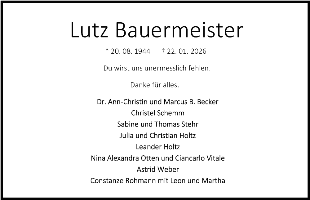  Traueranzeige für Lutz Bauermeister vom 31.01.2026 aus WZ/JW/AH