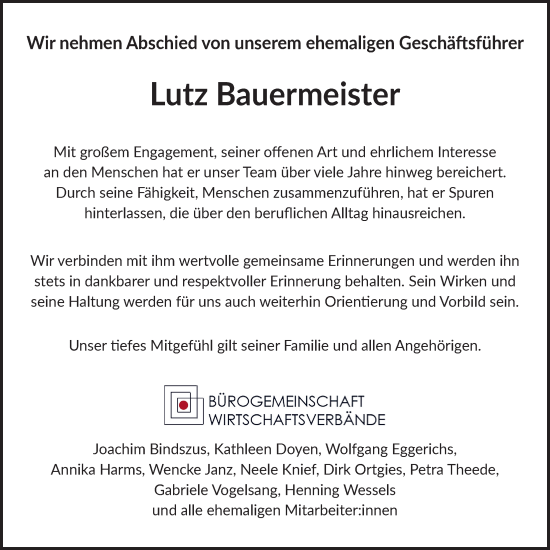 Traueranzeige von Lutz Bauermeister von WZ/JW/AH