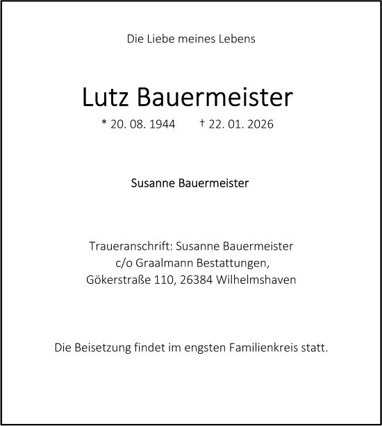 Traueranzeige von Lutz Bauermeister von WZ/JW/AH