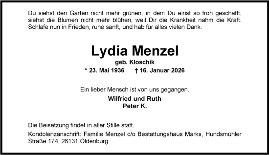Traueranzeige von Lydia Menzel von Nordwest-Zeitung
