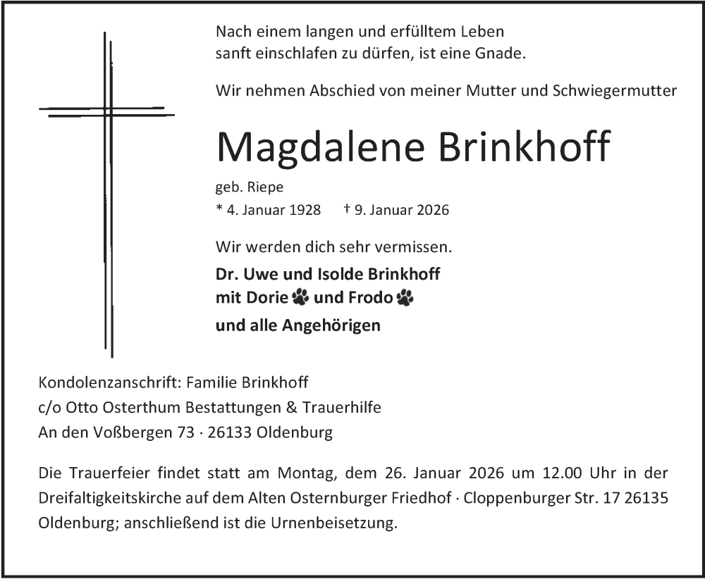  Traueranzeige für Magdalene Brinkhoff vom 24.01.2026 aus Nordwest-Zeitung