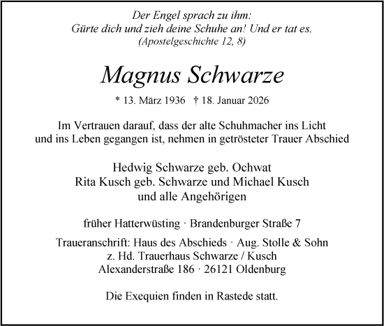 Traueranzeige von Magnus Schwarze von Nordwest-Zeitung