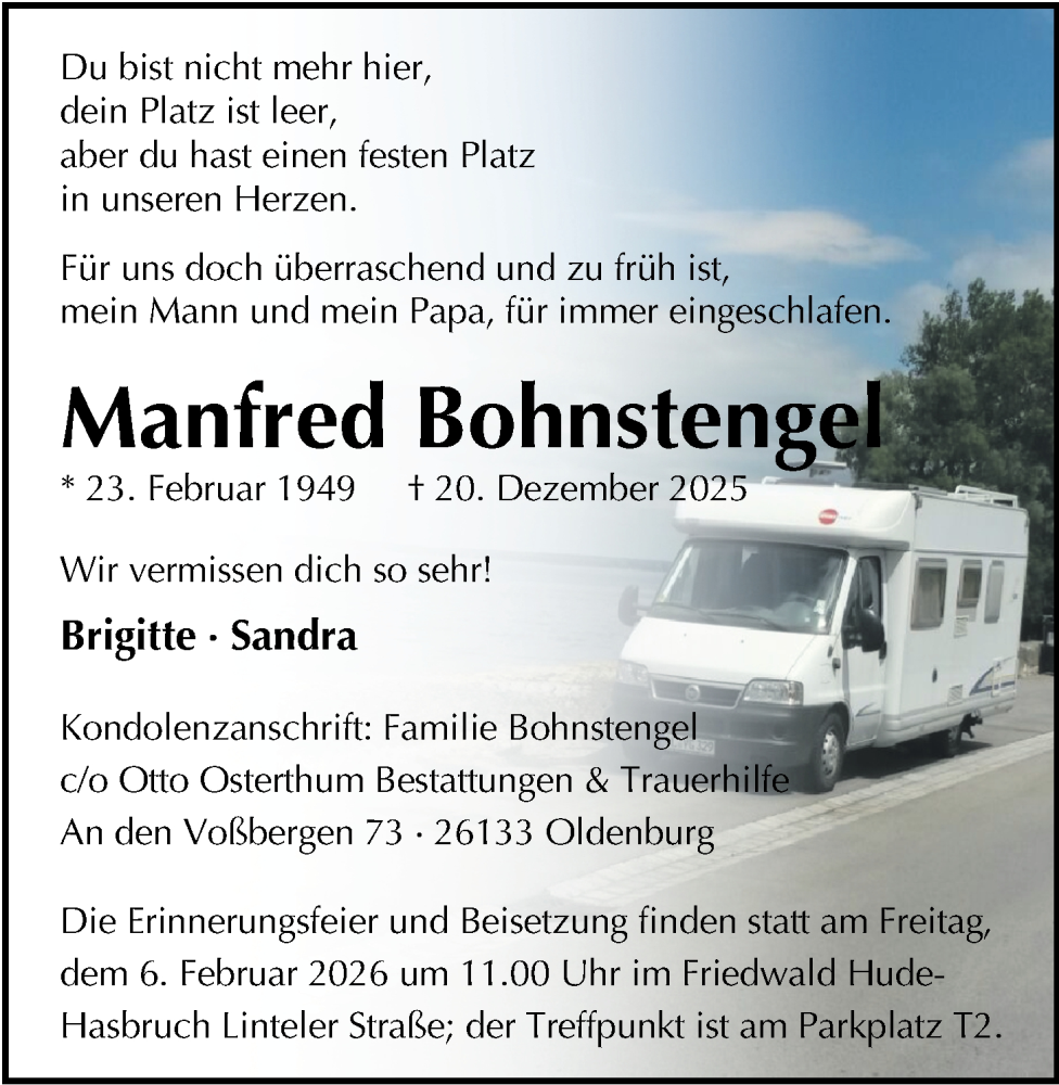  Traueranzeige für Manfred Bohnstengel vom 17.01.2026 aus Nordwest-Zeitung
