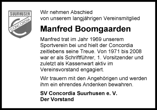 Traueranzeige von Manfred Boomgaarden von Emder Zeitung