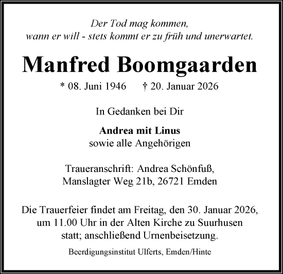 Traueranzeige von Manfred Boomgaarden von Emder Zeitung