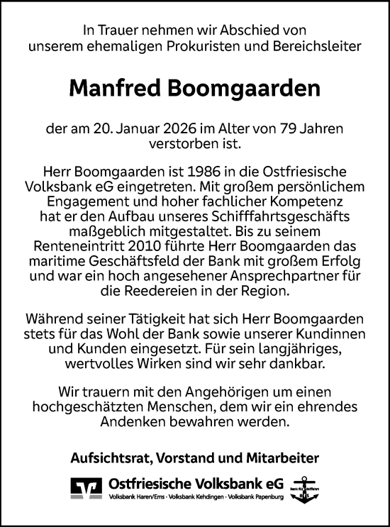 Traueranzeige von Manfred Boomgaarden von Emder Zeitung